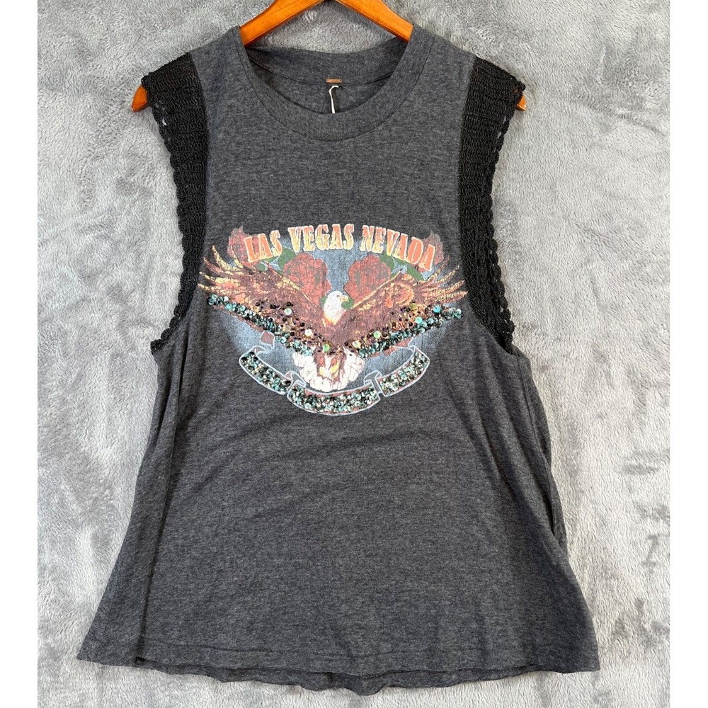 Free People Las Vegas Tank Top Small Crochet Sequin Embellished Graphic Tee NWT